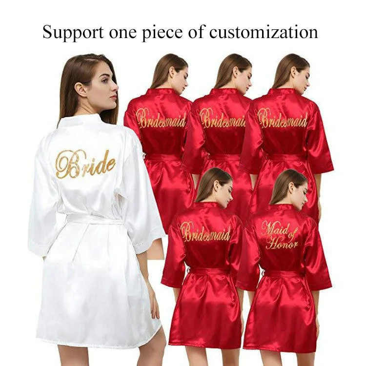 Wholesale Satin Silk Short Robes Women with Gold Glitter for Bride and Bridesmaid Wedding Designer Bridal Bathrobe