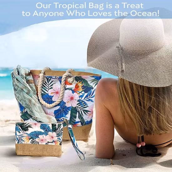 Borsa tote da spiaggia estiva di design in tela di iuta con motivo stampato logo personalizzato promozionale all'ingrosso di grandi dimensioni con custodia con cerniera